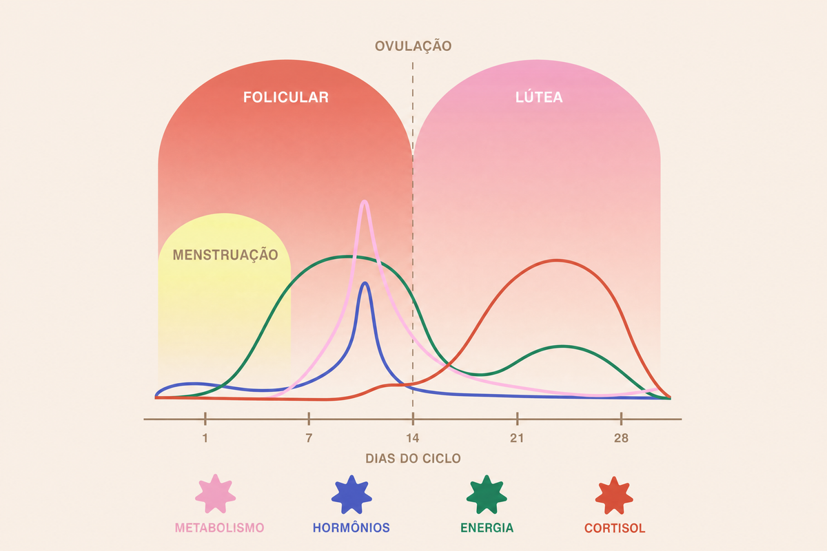 Gráfico das fases do ciclo: menstruação, folicular, ovulação e lútea, ao longo de 28 dias